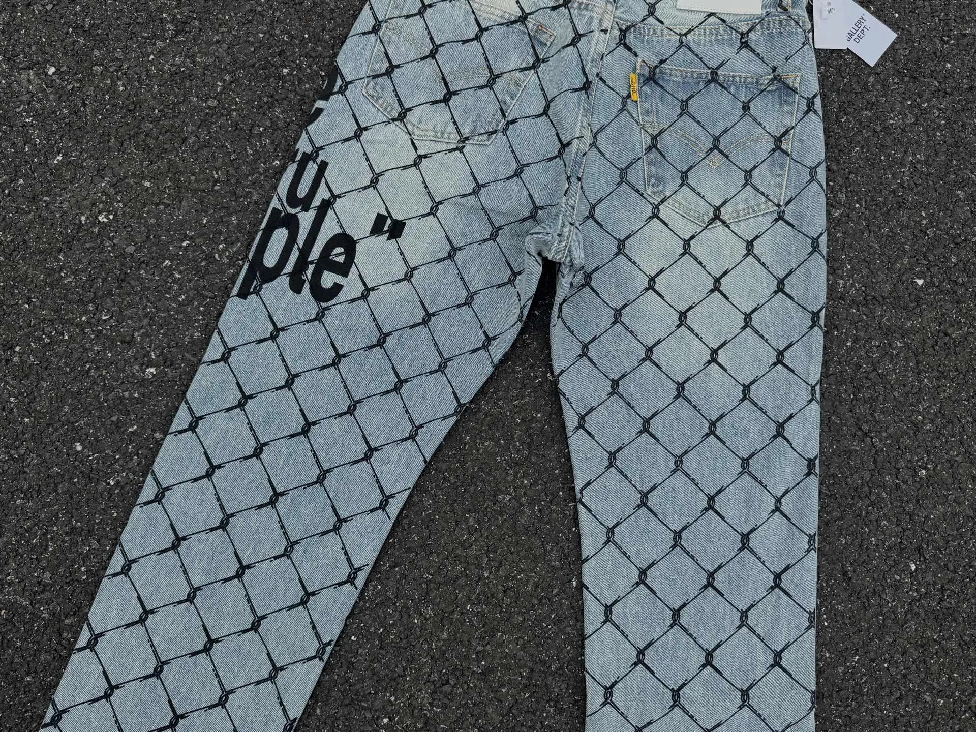 P240💰G786 GALLERY DEPT. Steel mesh letter printed slim jeans jeans casual group trendy American slim men's and women's trousers Color: blue Size: S-XXL (corresponding to 28-36)